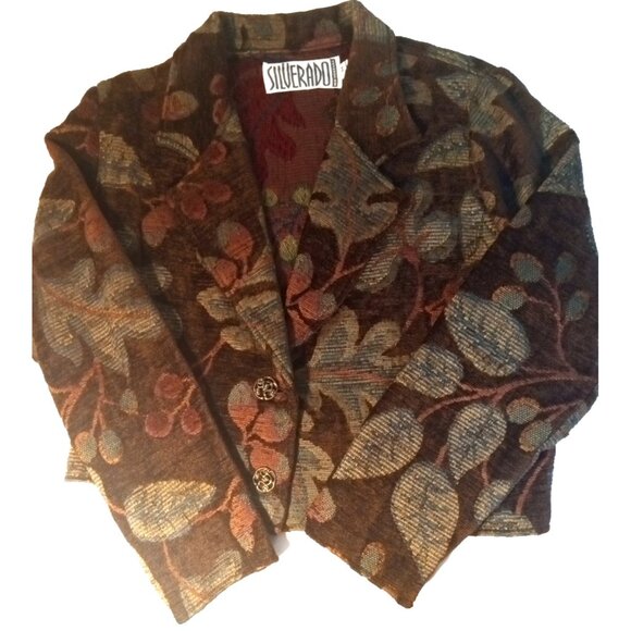 Silverado Floral Tapestry Cropped Blazer Jacket Women's  M Brown Chenille Boho - Picture 1 of 12